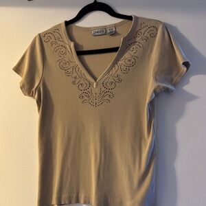 Chico's Tan Embellished Fitted Short Sleeve Tee